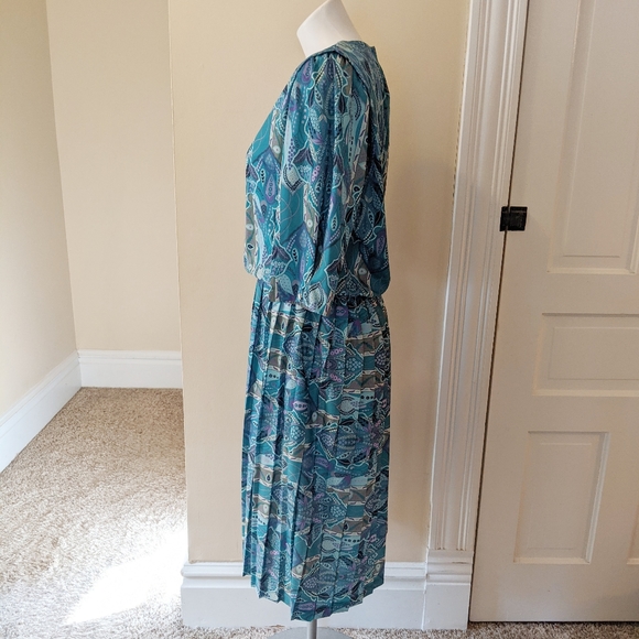 Vintage M.C.S Ltd NY teal abstract paisley dress - Picture 2 of 10